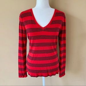 Gap Medium V-Neck Red Black Striped Shirt Top